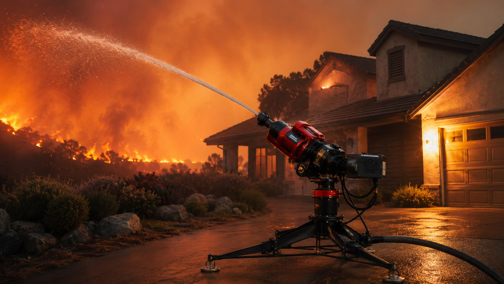 Automatic water cannon staged on a driveway