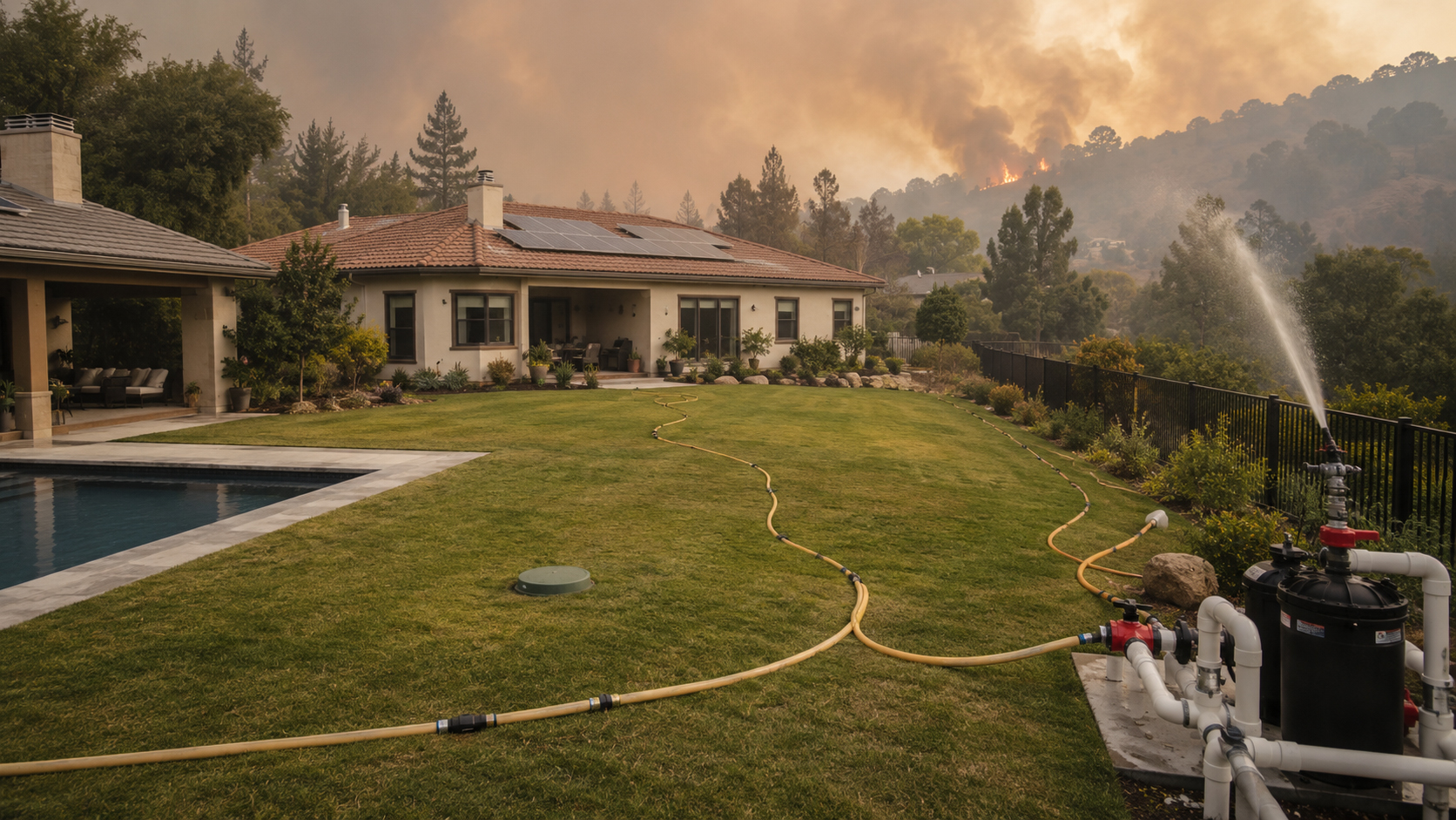 Backyard hose layout feeding a defensive water spray point