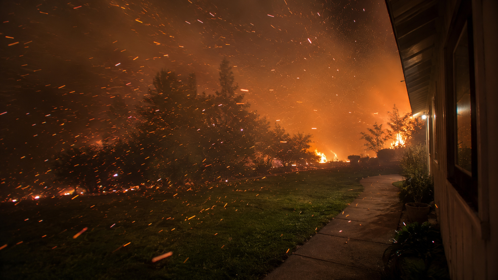 Camera view of approaching embers and smoke near a home