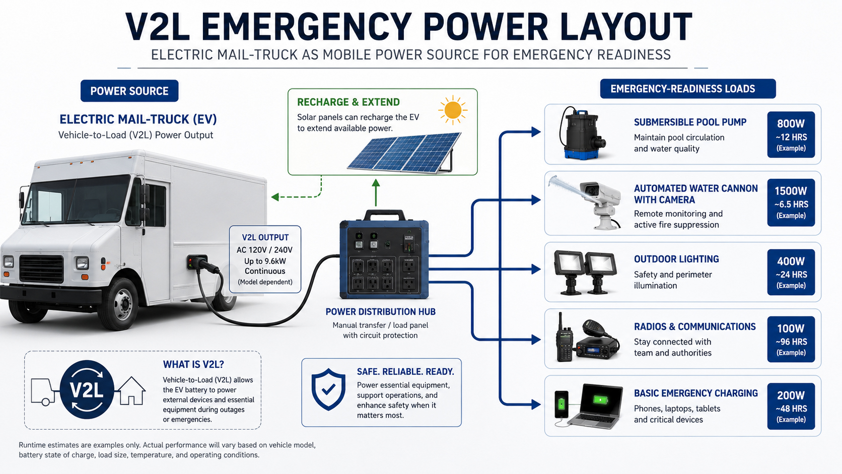 V2L emergency power layout showing safe EV parking and power routing
