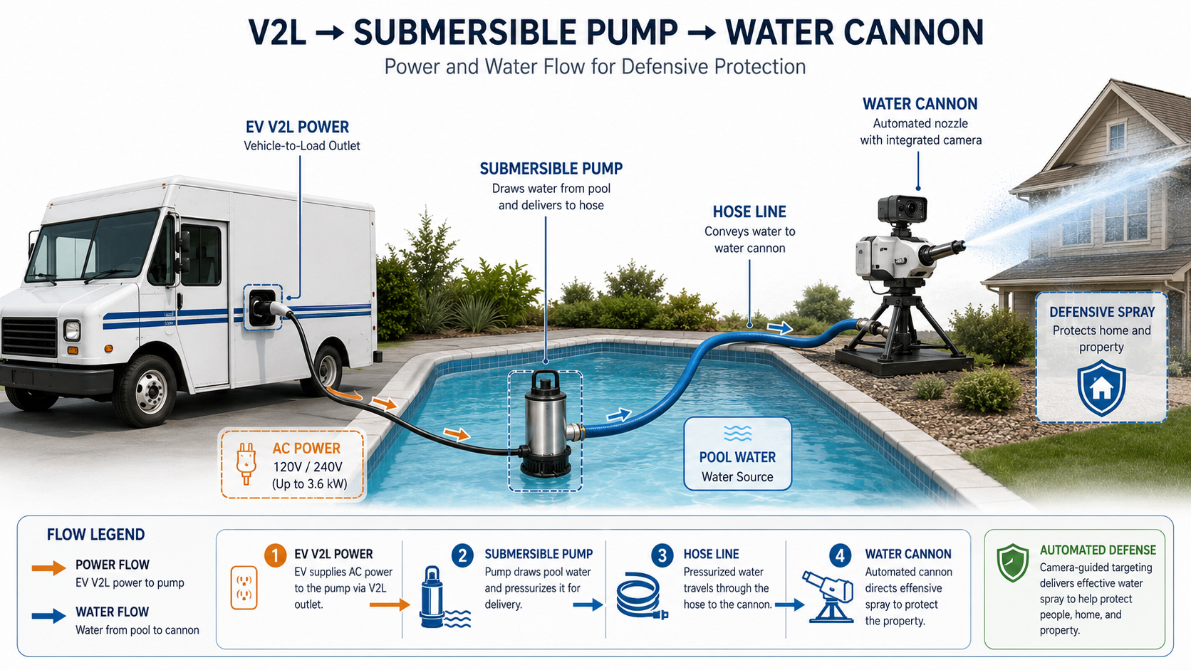 Diagram of EV V2L power feeding a submersible pool pump and a water cannon