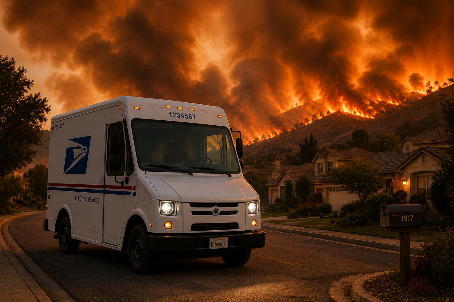 Electric postal-style truck under a smoke-filled wildfire sky