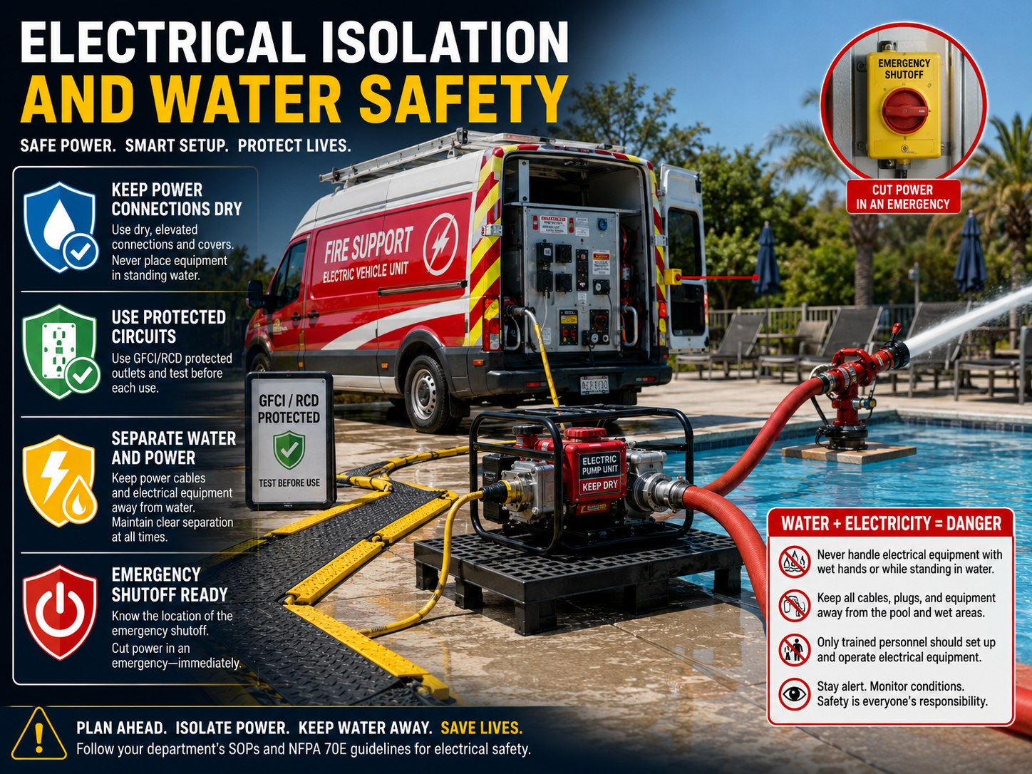 Electrical isolation and water safety warning for EV powered pump systems
