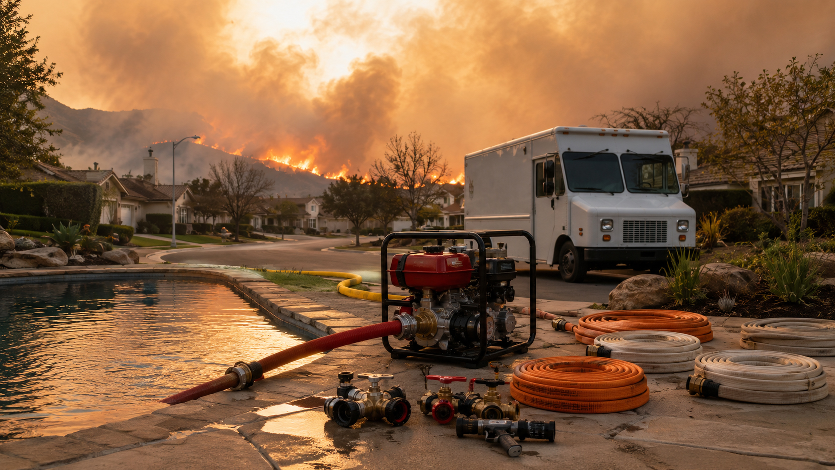 Emergency hose and pump deployment from a pool toward a defensive spray zone