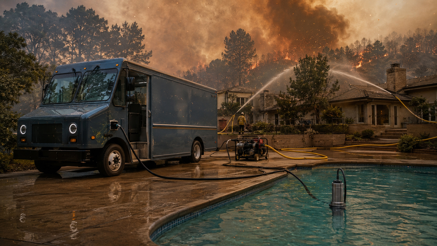 EV powering a pool pump at a wildfire-threatened home
