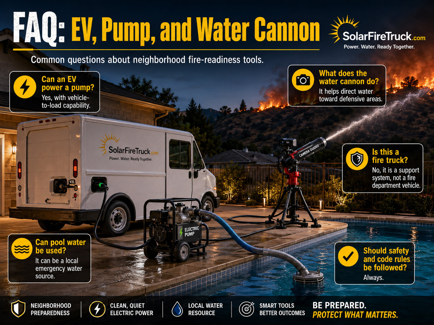 FAQ image showing an EV, pump, pool, and water cannon concept