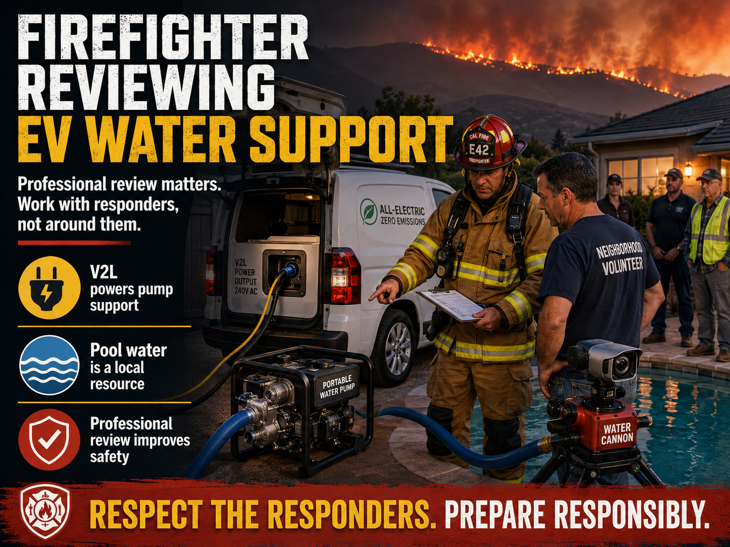 Firefighter reviewing an EV water support concept