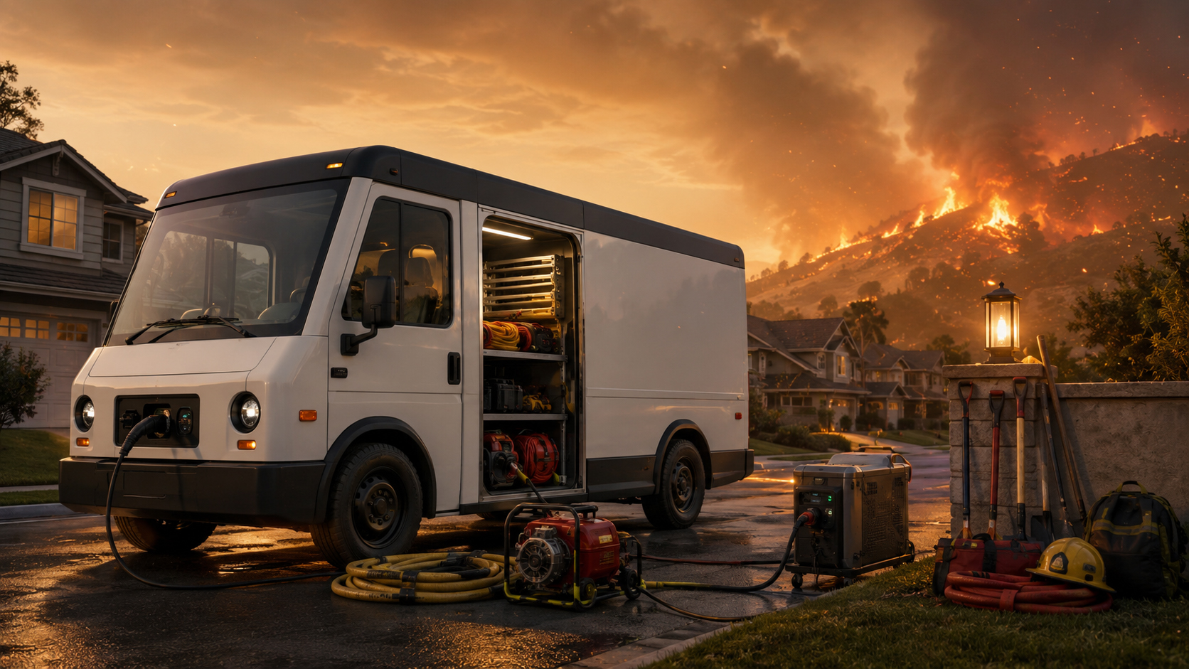 Electric postal-style truck staged in a neighborhood wildfire readiness scene with V2L equipment, hoses, and fire smoke in the background