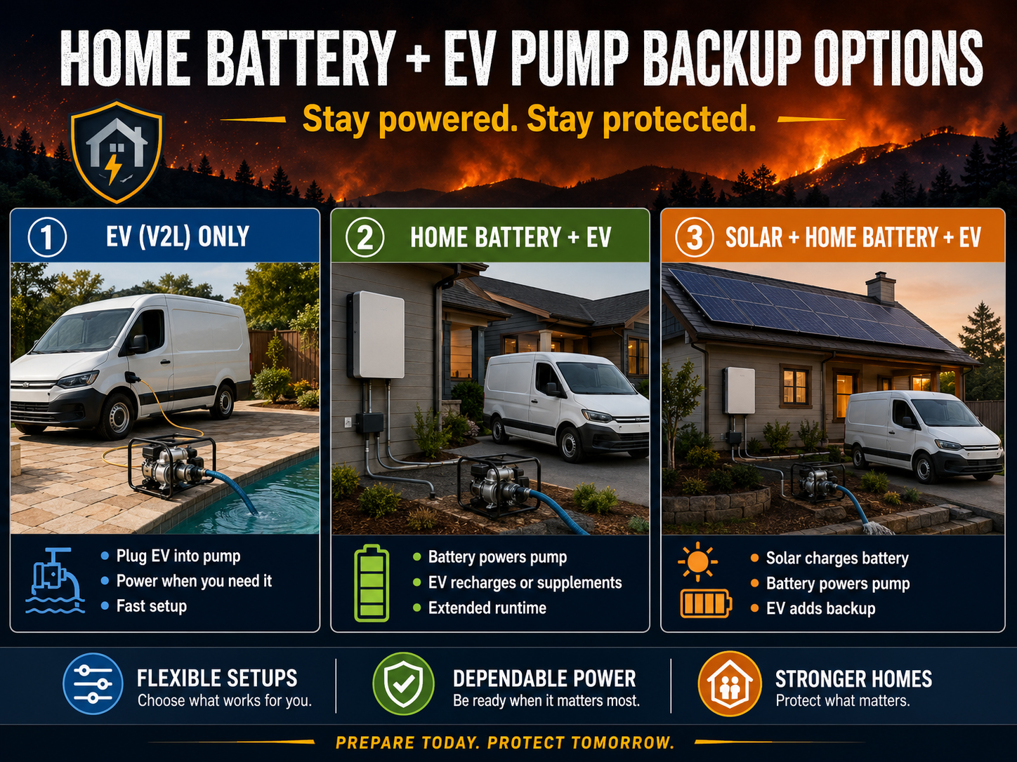 Home battery, EV, and pump backup options for emergency readiness