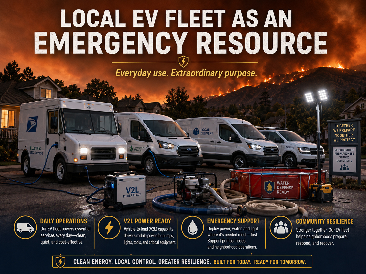 Local EV fleet staged as an emergency resource with pumps and lighting