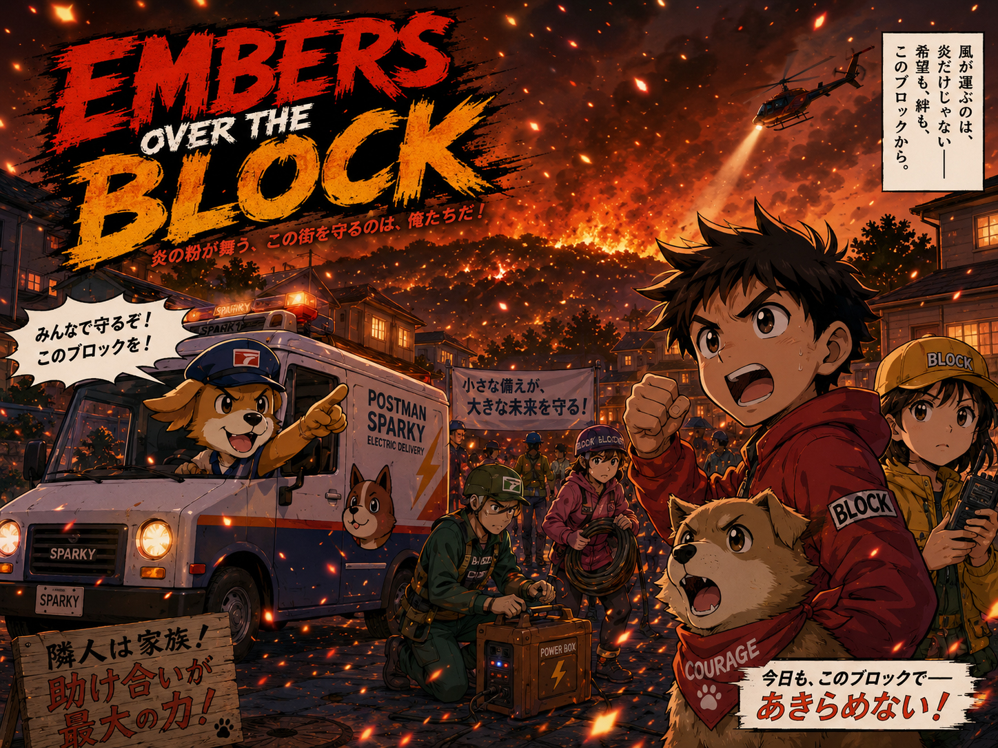 Manga embers over the block during wildfire readiness