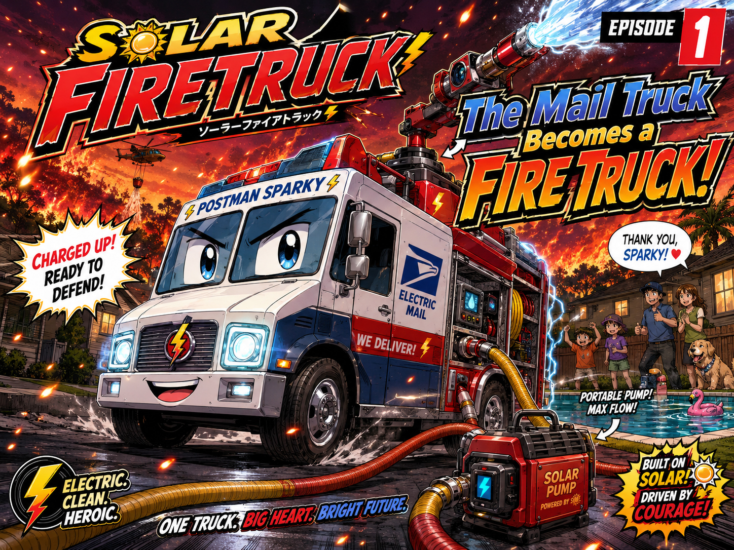 Manga episode 1: The mail truck becomes a fire truck