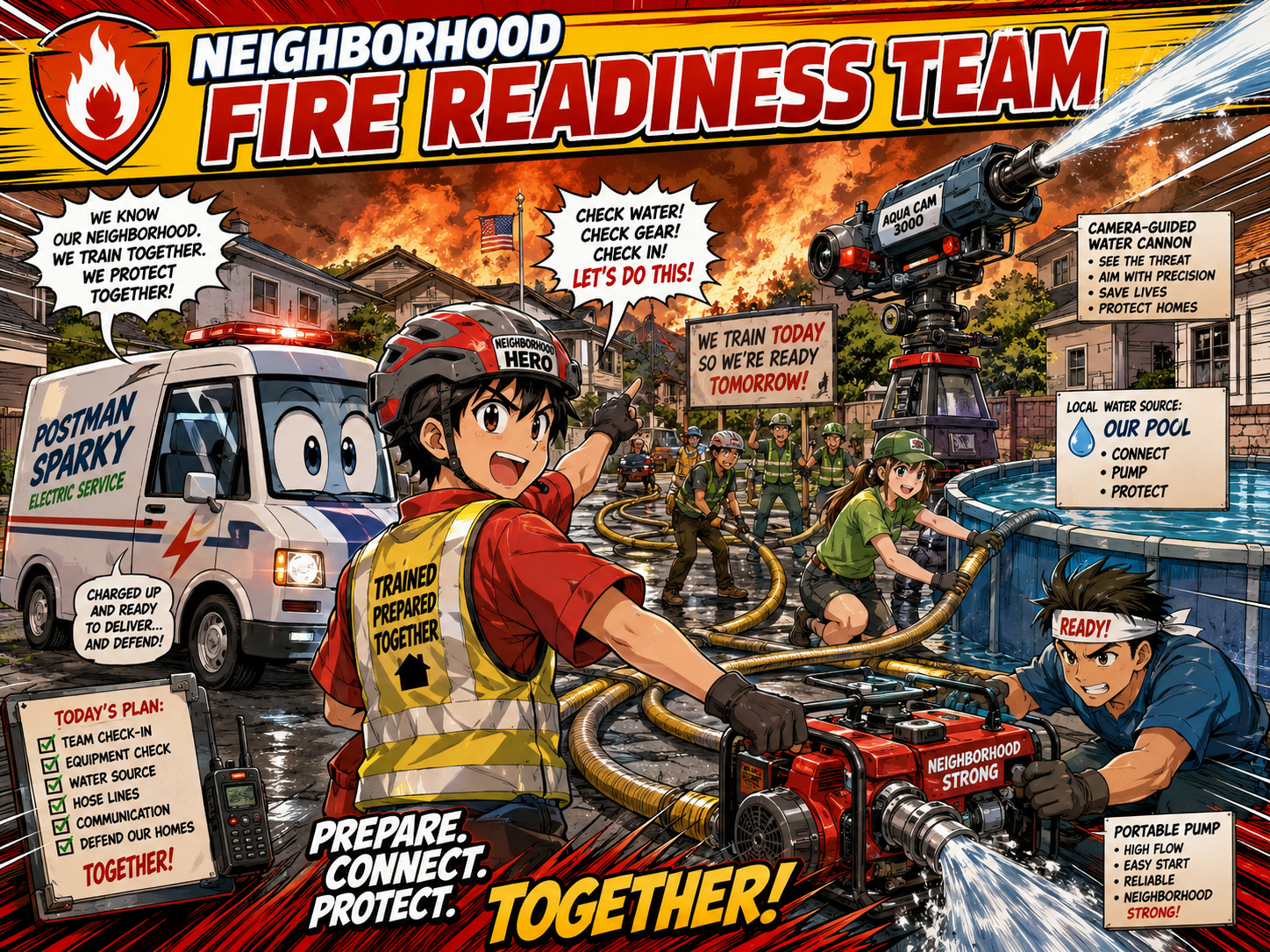 Manga neighborhood fire readiness team with Postman Sparky, EV power, pool water, and safety characters