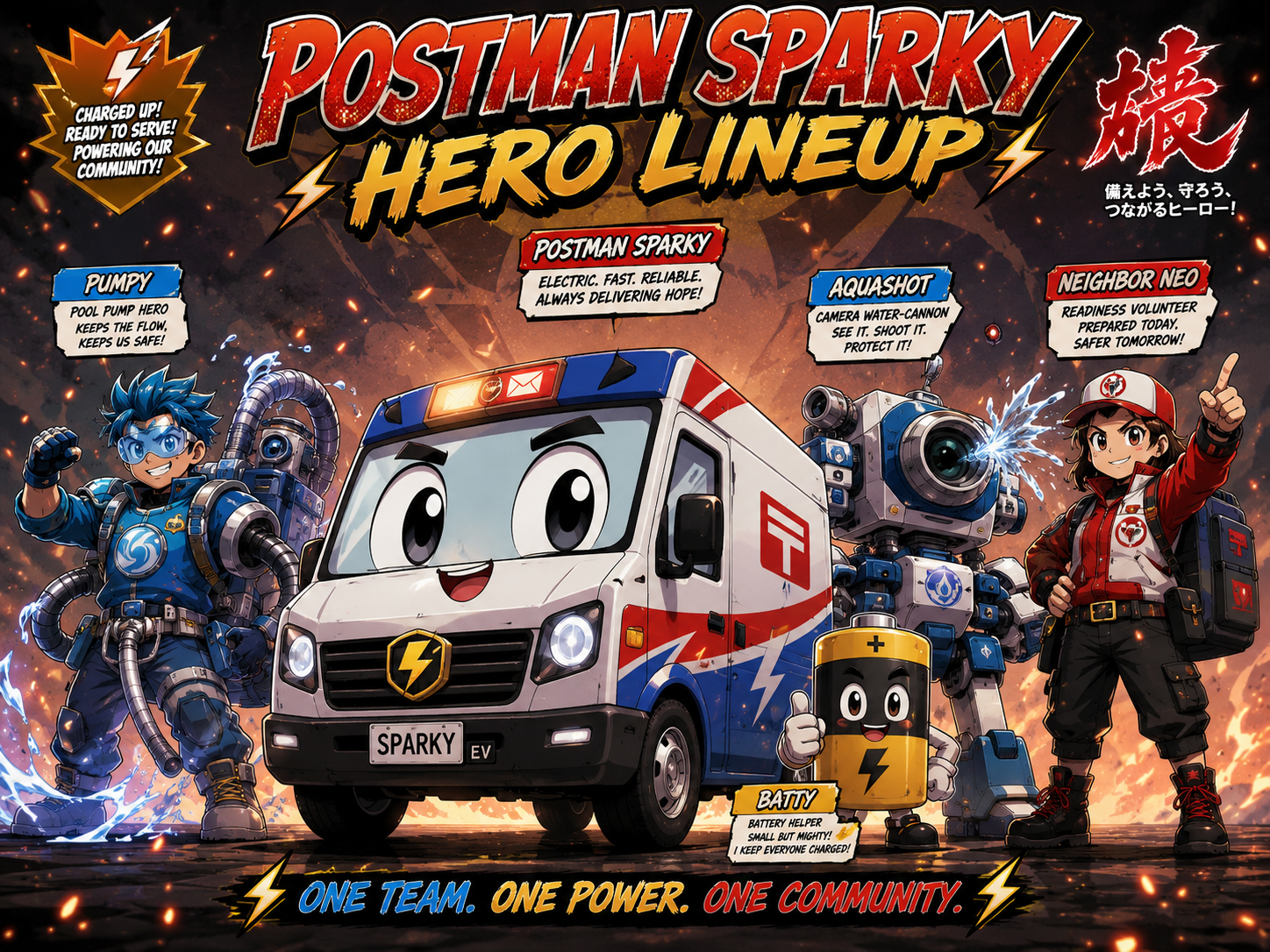 Postman Sparky and SolarFireTruck manga character lineup