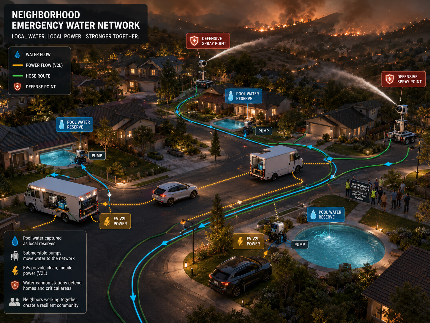 Neighborhood emergency water network map with pools, EVs, pumps, and water flow paths