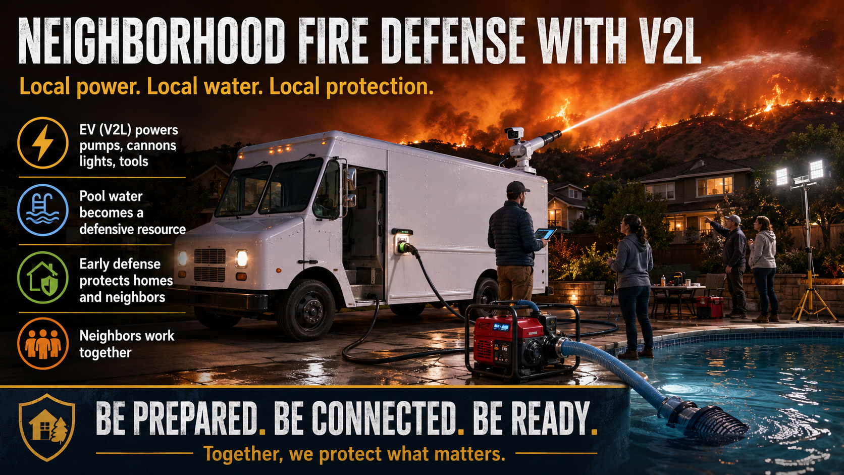 Neighborhood fire defense with V2L power