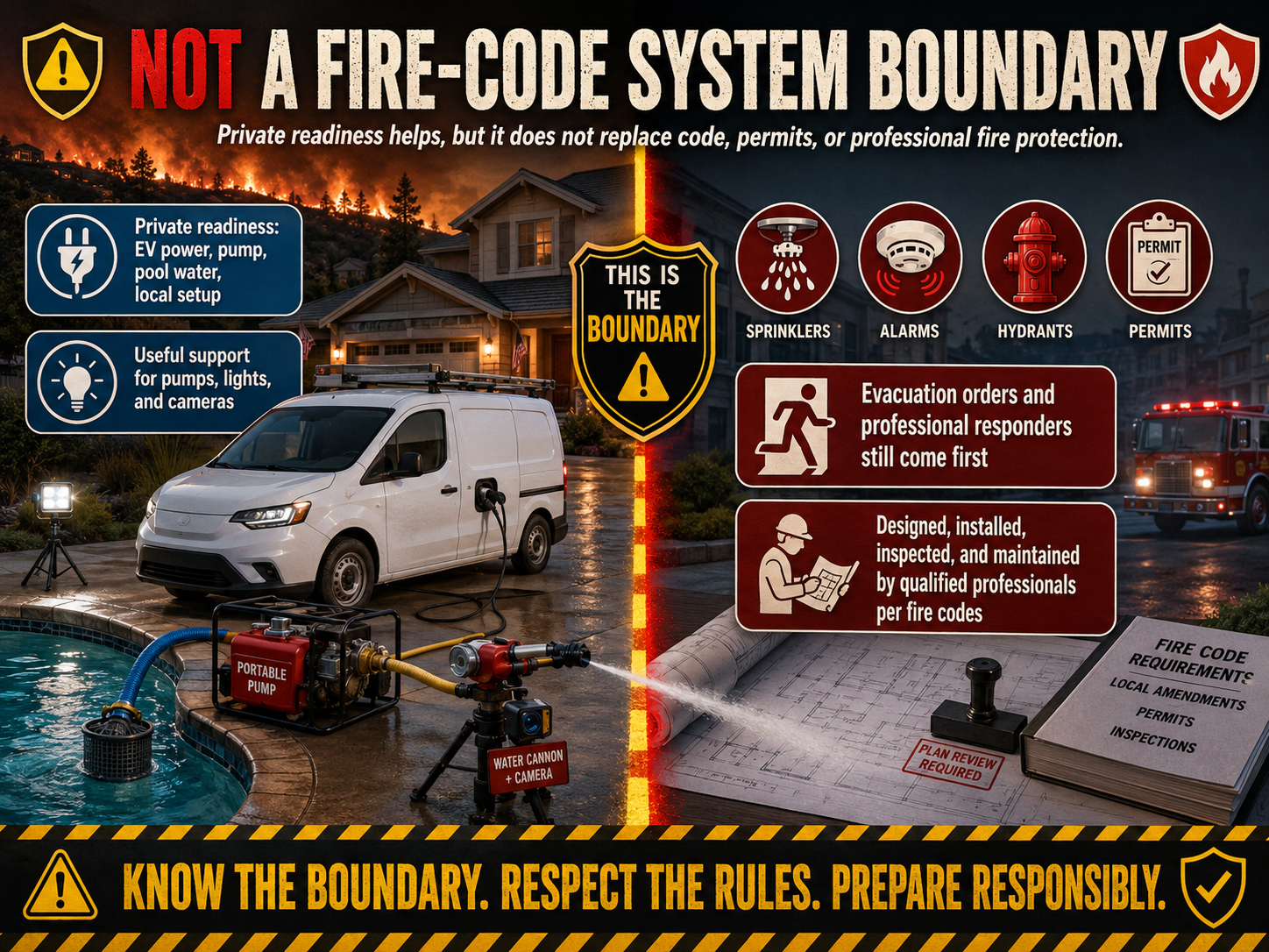 Boundary diagram showing SolarFireTruck is not a fire-code system