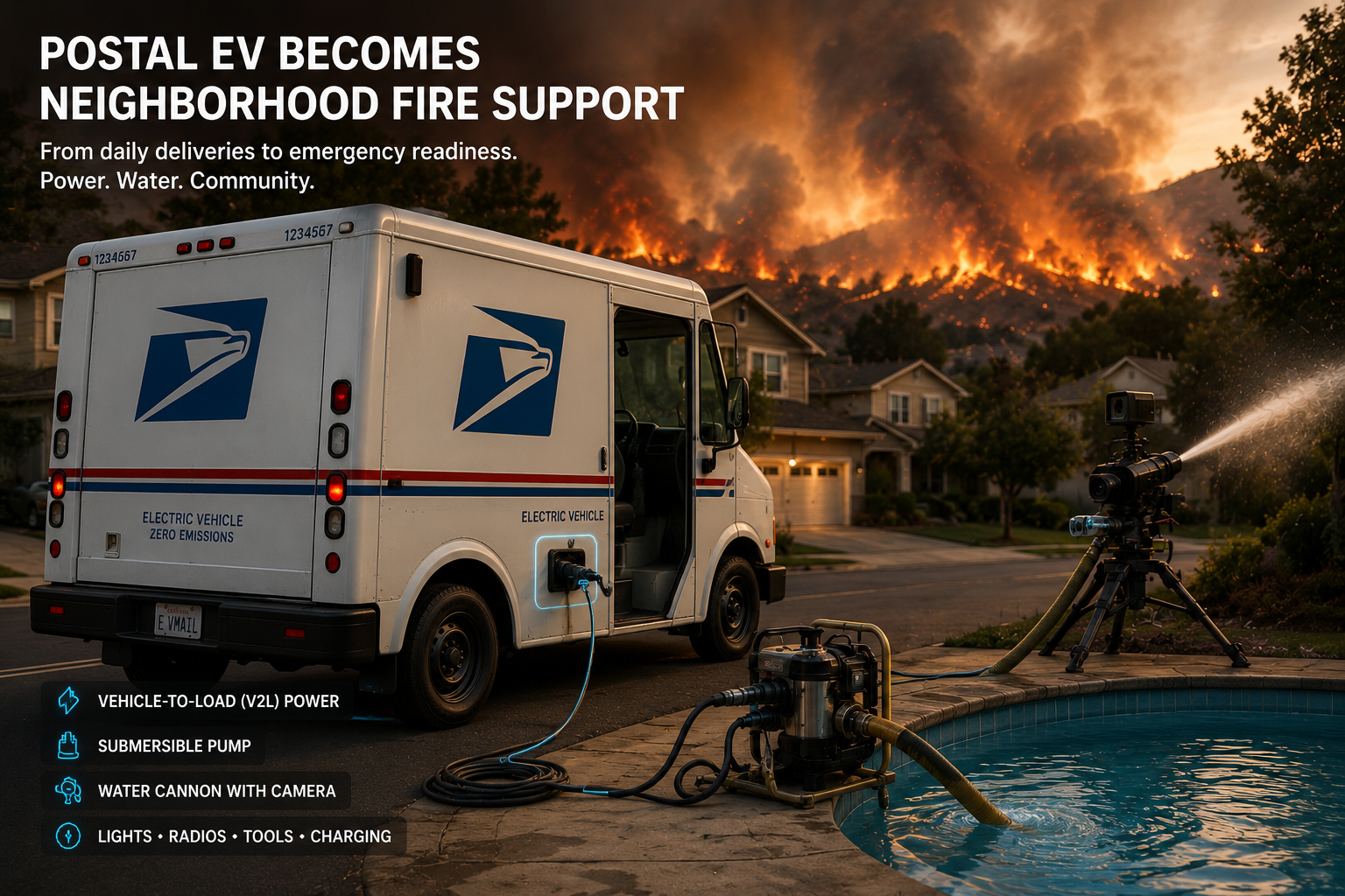 Electric postal-style EV becoming neighborhood fire support with V2L equipment