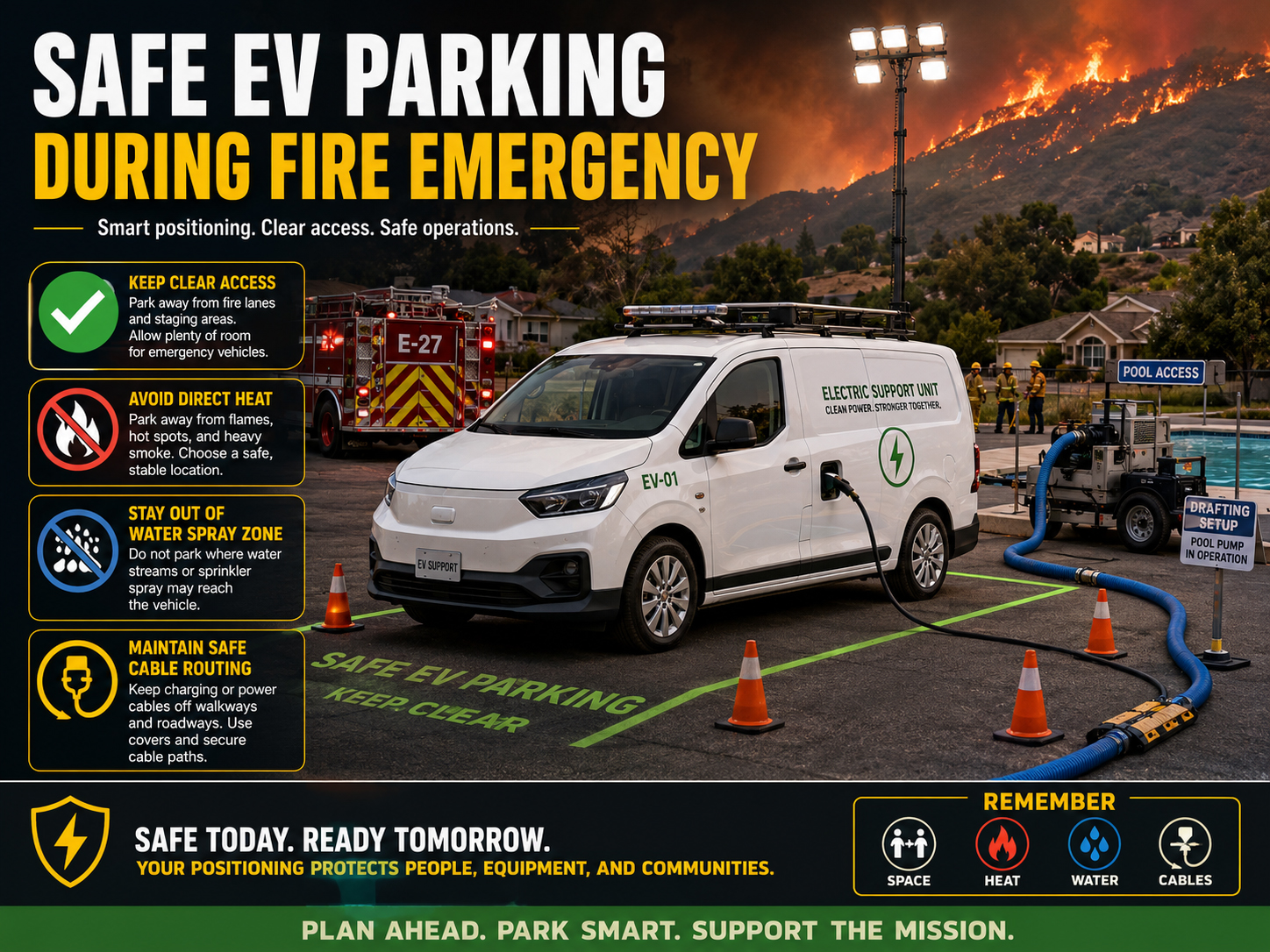 Safe EV parking during a fire emergency with access zones clear