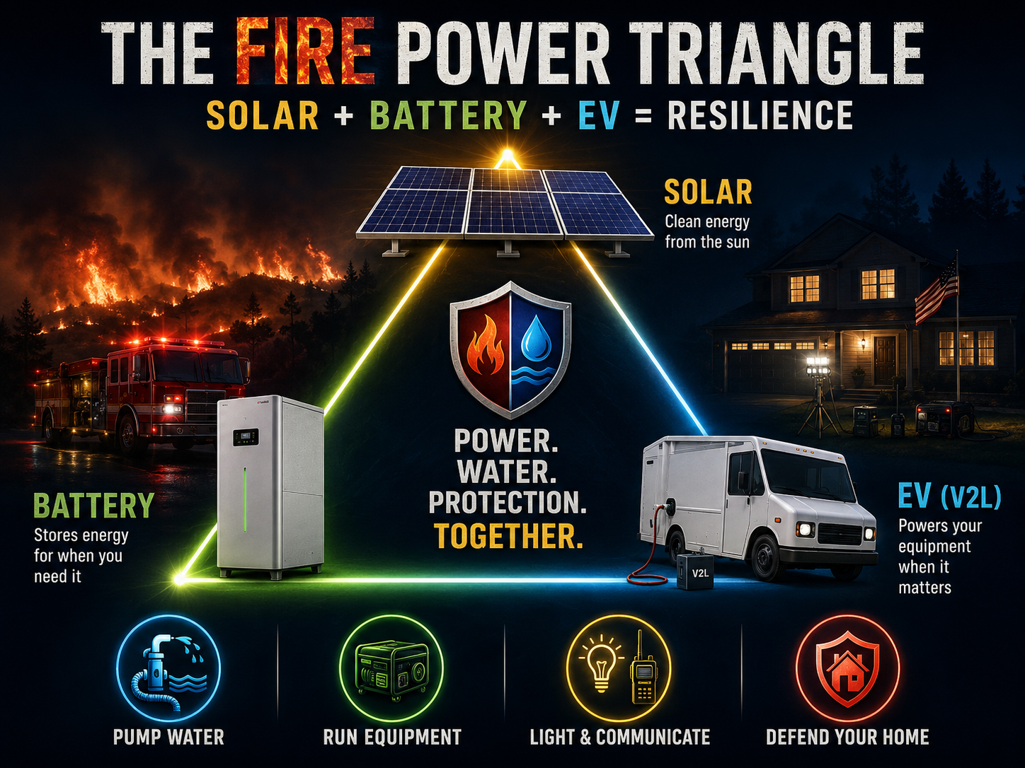Solar battery and EV fire power triangle diagram