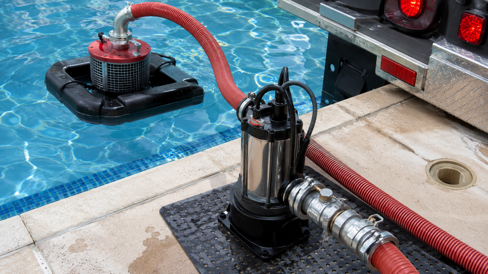 Submersible pump and floating intake for pool water drafting