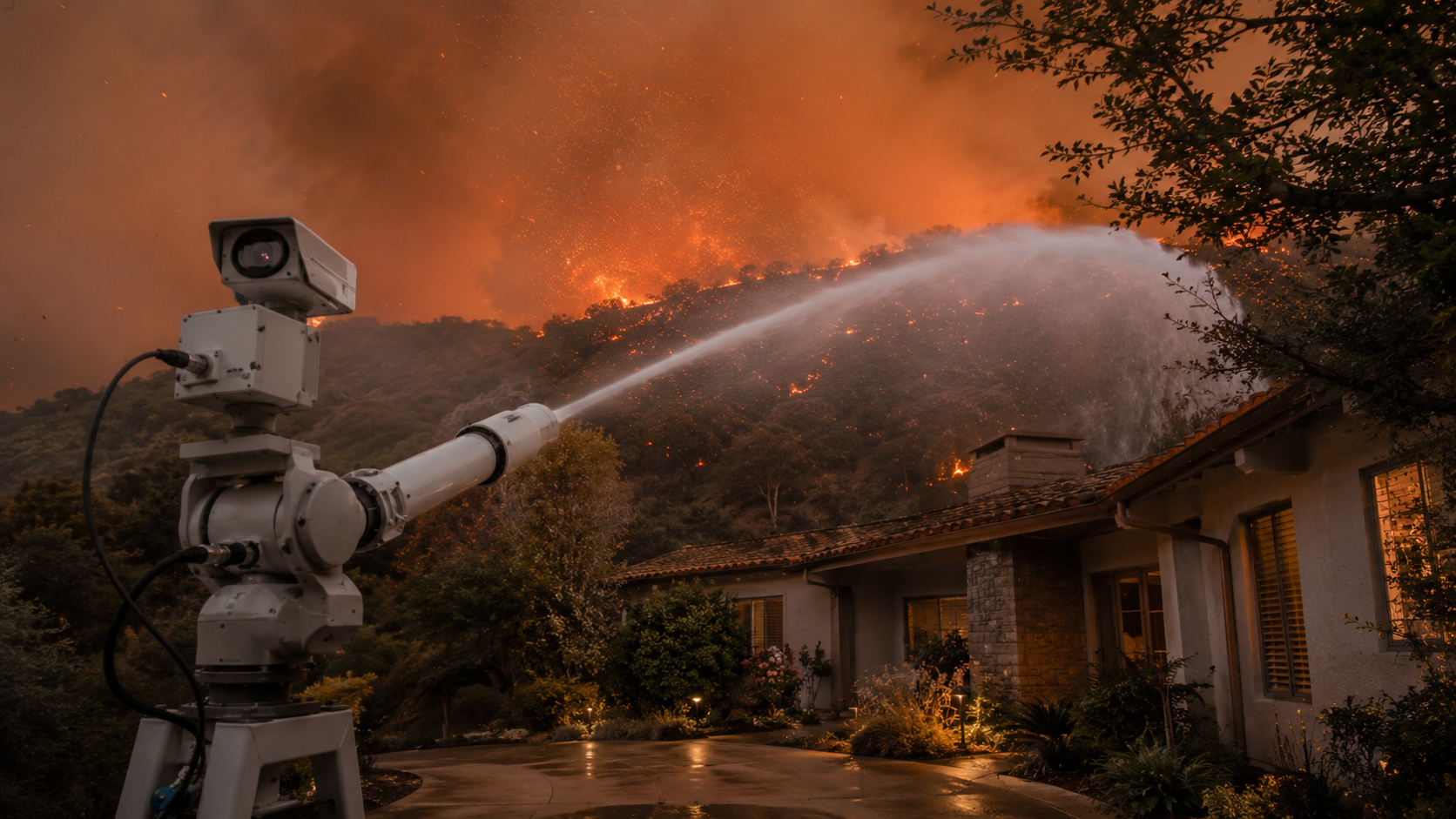 Water cannon with camera tracking embers during a wildfire readiness scenario