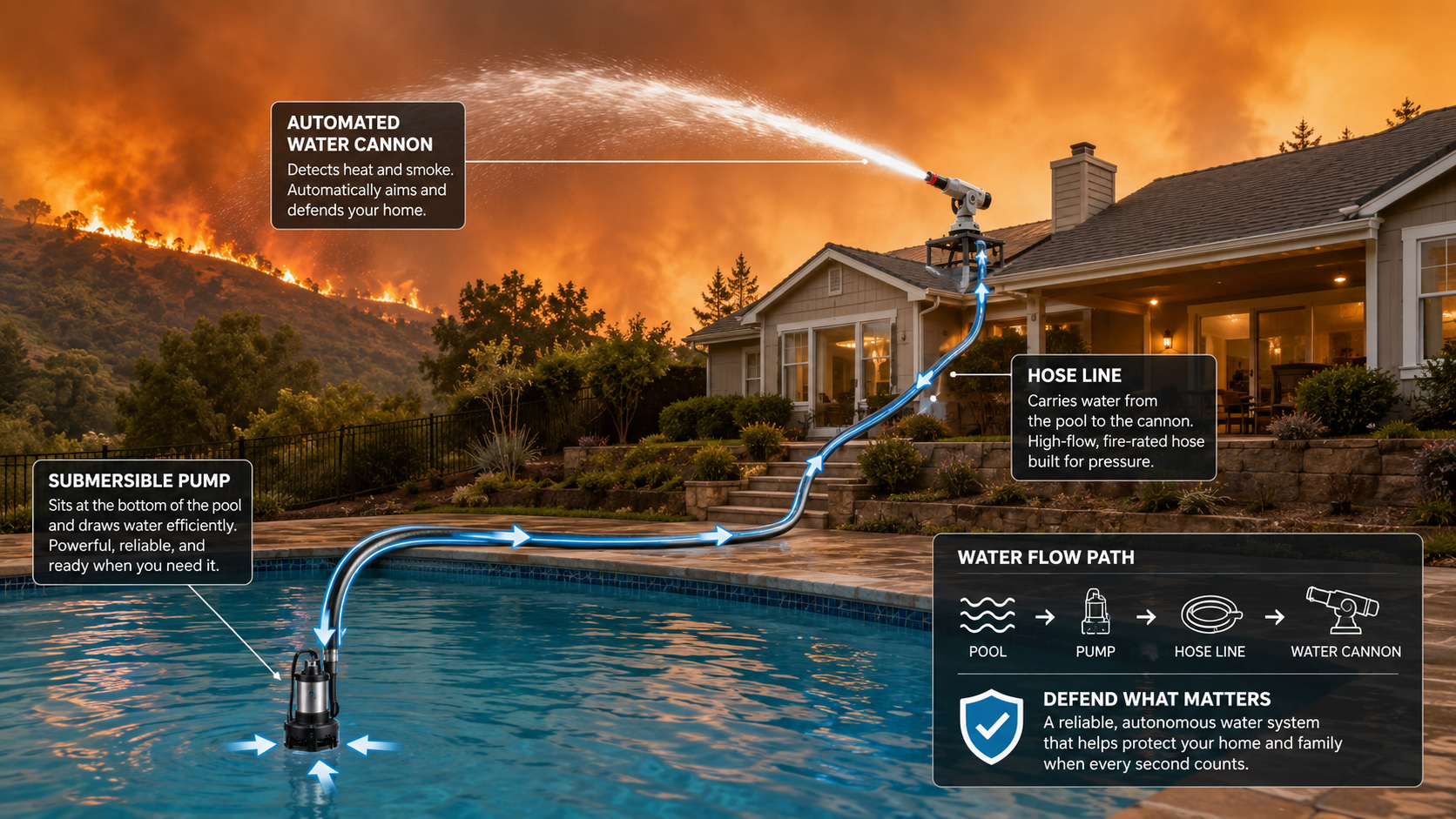 Water flowing from a backyard pool through a pump and hose toward a defensive water cannon
